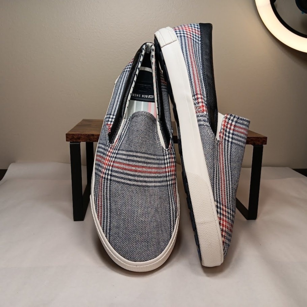 Ben Sherman Slip On Sneakers Mens 13 Blue Red Plaid Excellent Fabric  Low Top